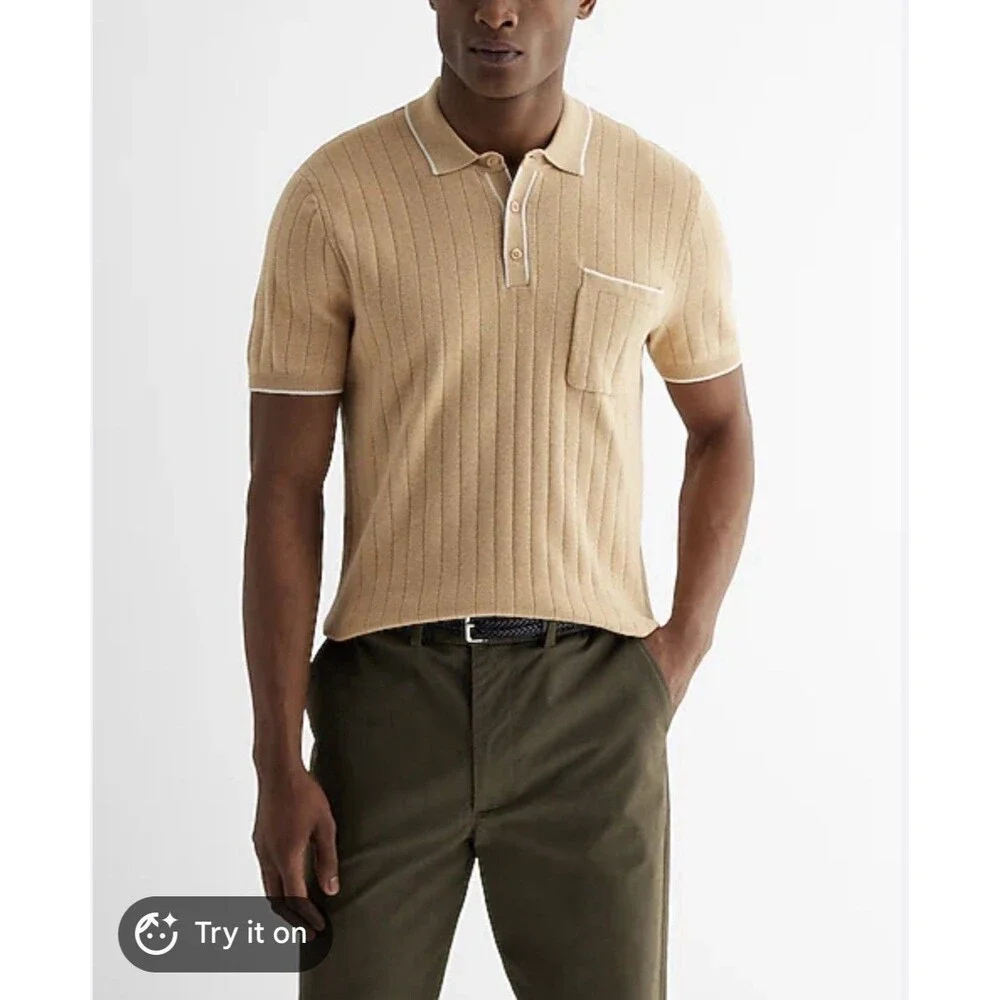 express Men’s short sleeve sweater polo johnny collar Tan Medium Preppy Career